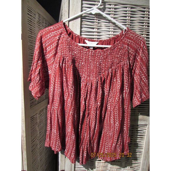 Lucky Brand size L top summer peasant blouse rusty red cotton blend pleated - Picture 1 of 8